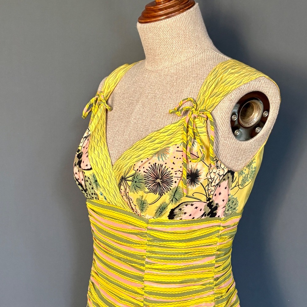 Nanette Lepore Silk Butterfly Print Dress | Sz 2 | Yellow Ruched Midi Floral